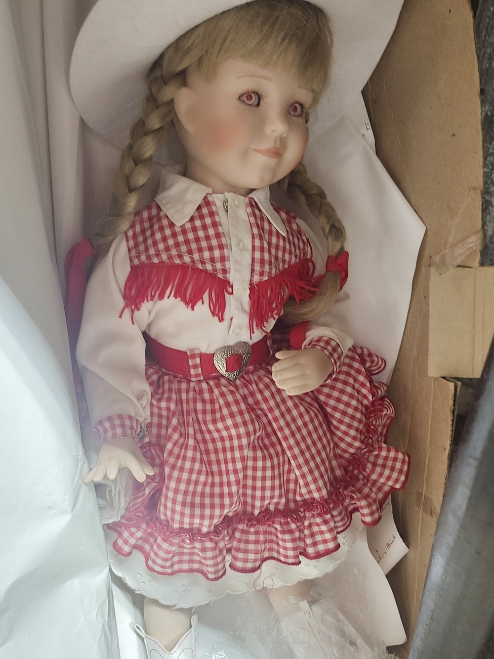 Red Gingham Cowgirl Dress Porcelain Doll with Hat
